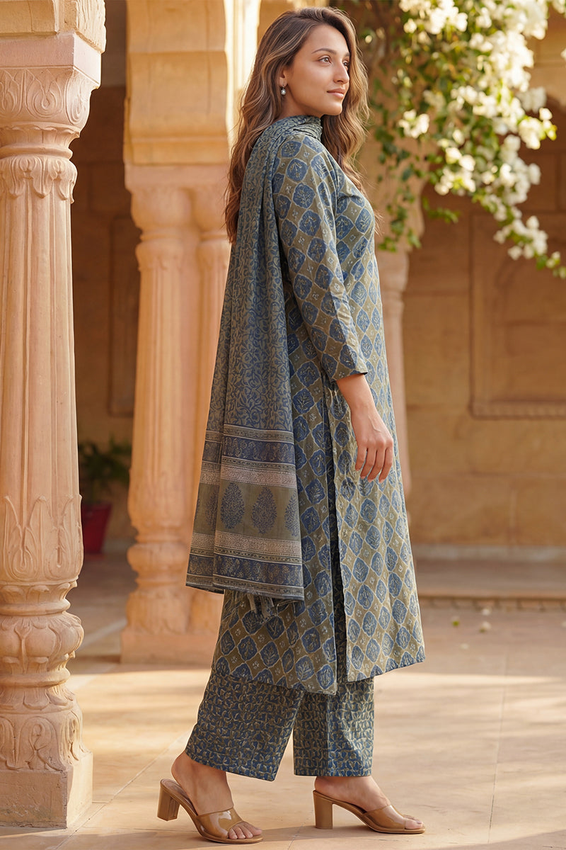Olive Rayon Blend Floral Printed A-Line Kurta Palazzo With Dupatta VKSKD2329
