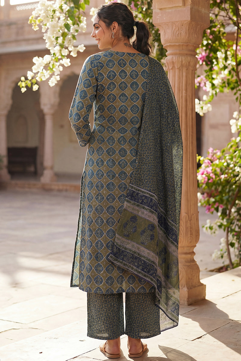 Olive Rayon Blend Floral Printed A-Line Kurta Palazzo With Dupatta VKSKD2329