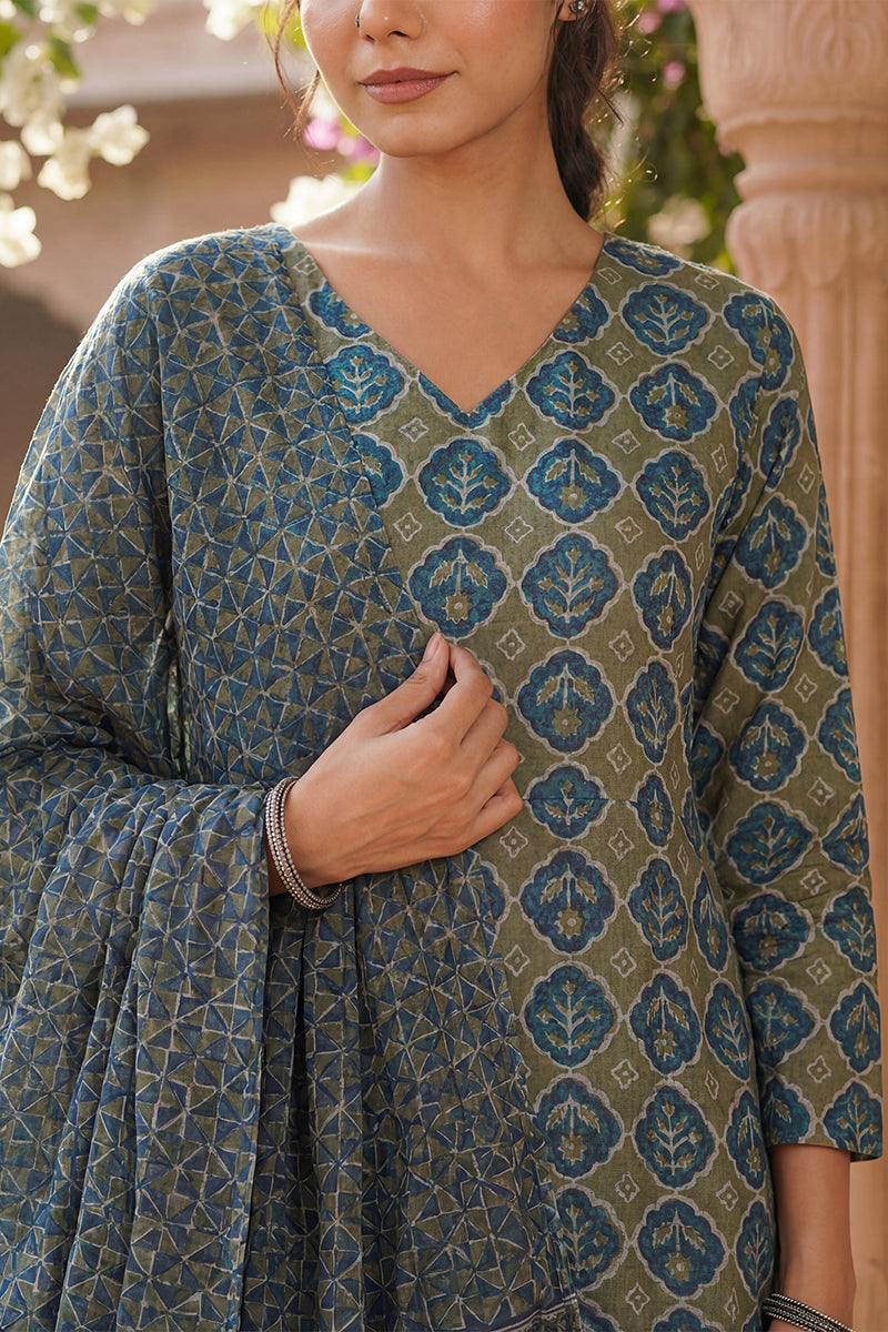 Olive Rayon Blend Floral Printed A-Line Kurta Palazzo With Dupatta VKSKD2329