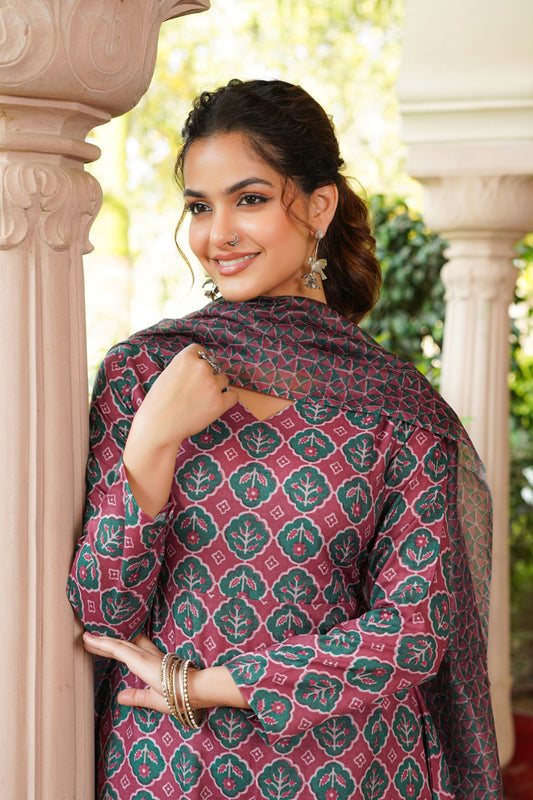Maroon Rayon Blend Floral Printed A-Line Kurta Palazzo With Dupatta VKSKD2330