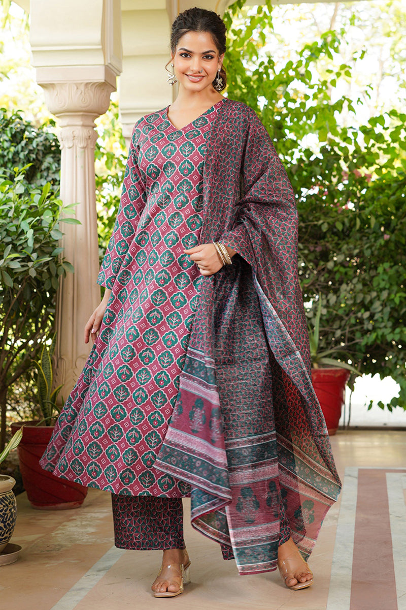 Maroon Rayon Blend Floral Printed A-Line Kurta Palazzo With Dupatta VKSKD2330
