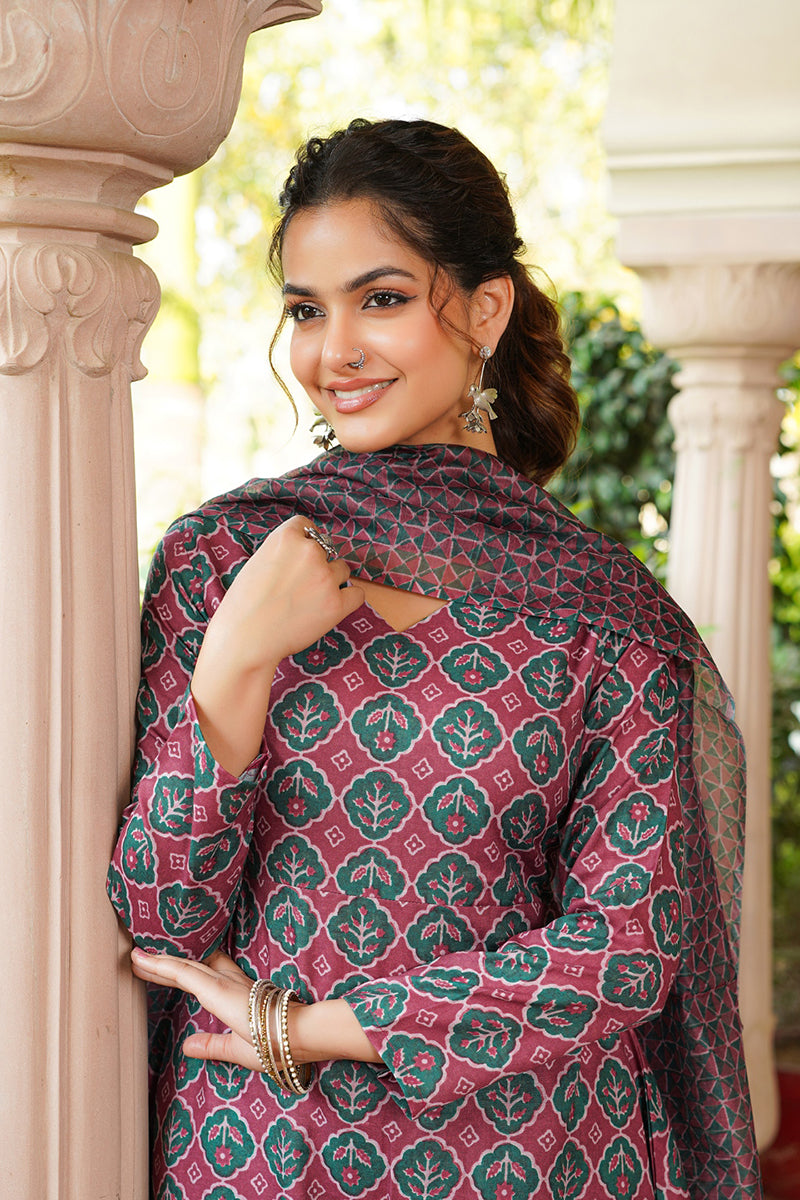 Maroon Rayon Blend Floral Printed A-Line Kurta Palazzo With Dupatta VKSKD2330
