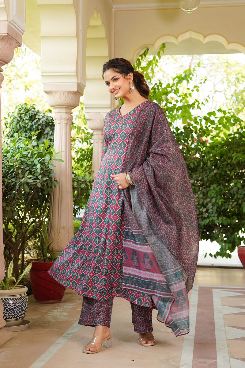 Maroon Rayon Blend Floral Printed A-Line Kurta Palazzo With Dupatta VKSKD2330