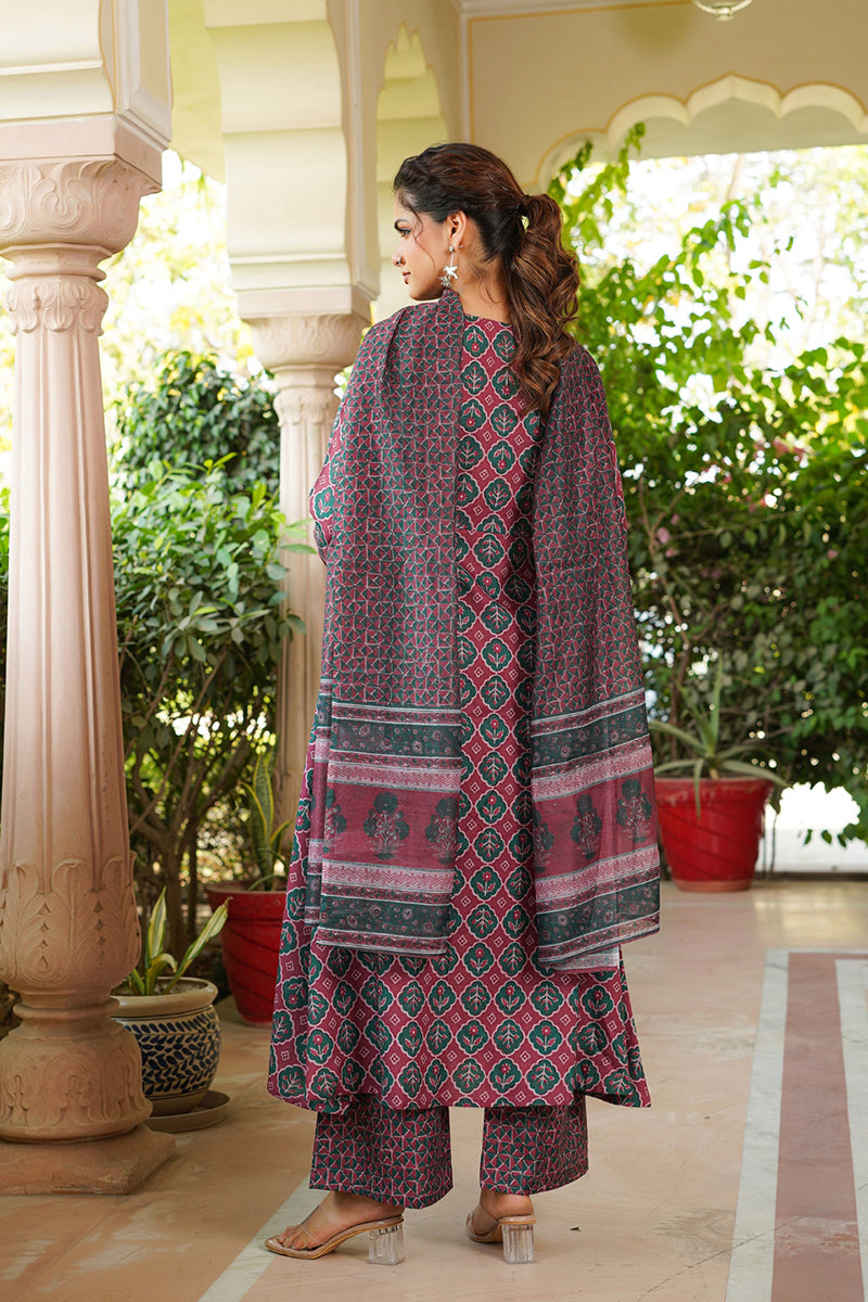 Maroon Rayon Blend Floral Printed A-Line Kurta Palazzo With Dupatta VKSKD2330