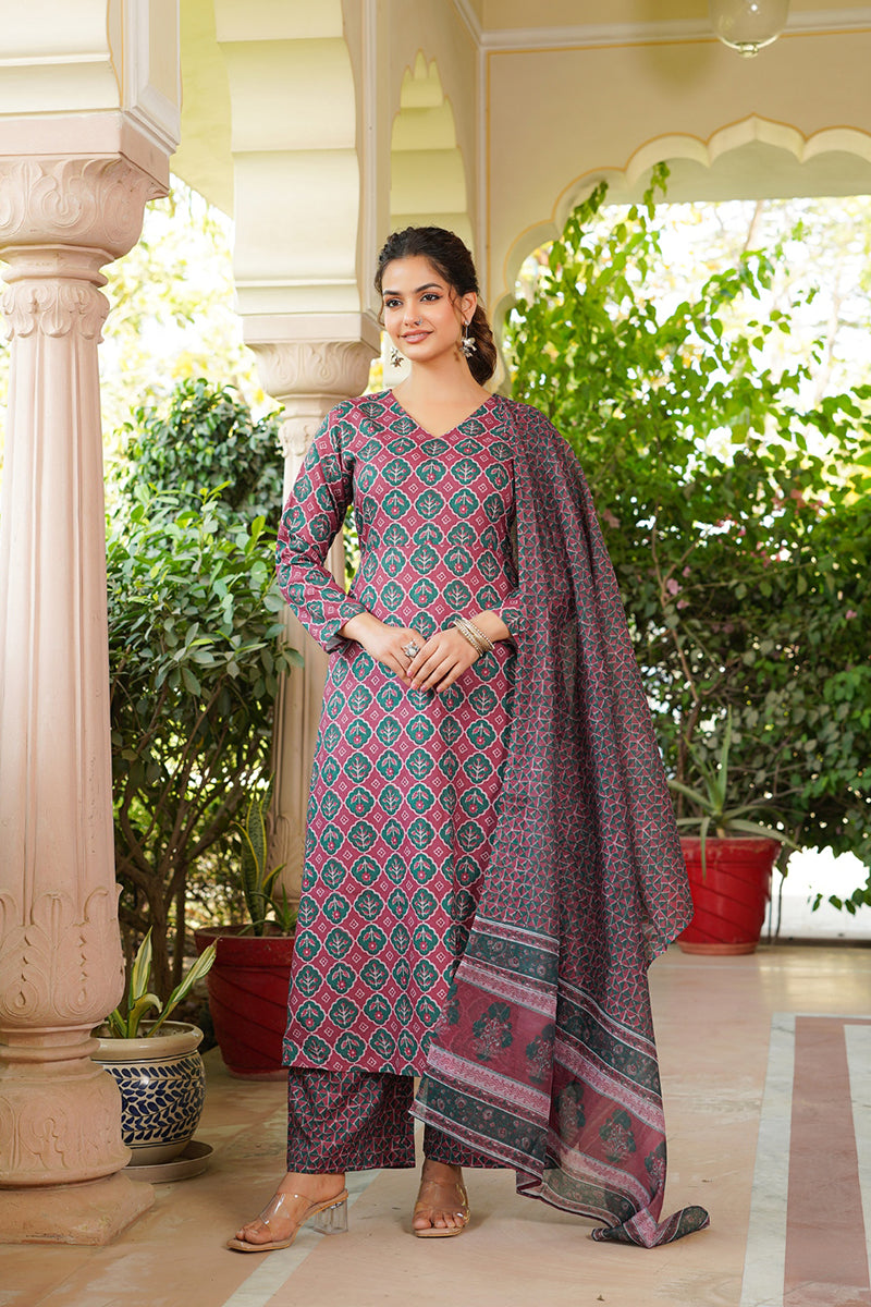 Maroon Rayon Blend Floral Printed A-Line Kurta Palazzo With Dupatta VKSKD2330
