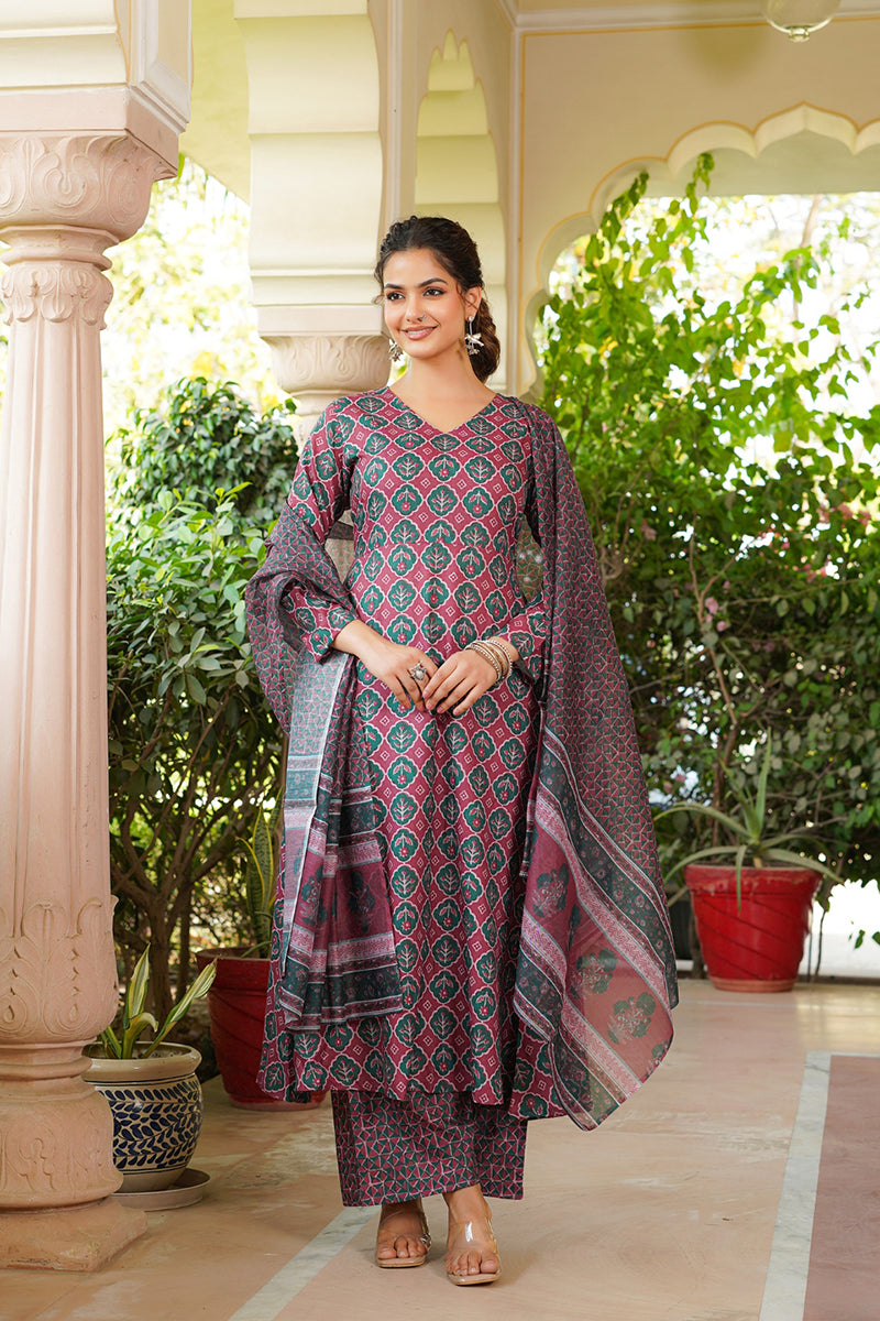 Maroon Rayon Blend Floral Printed A-Line Kurta Palazzo With Dupatta VKSKD2330