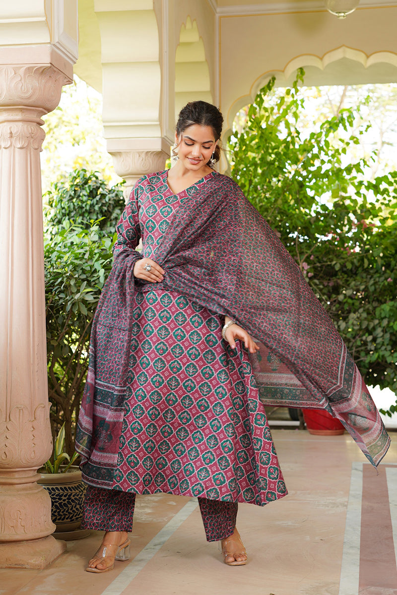 Maroon Rayon Blend Floral Printed A-Line Kurta Palazzo With Dupatta VKSKD2330