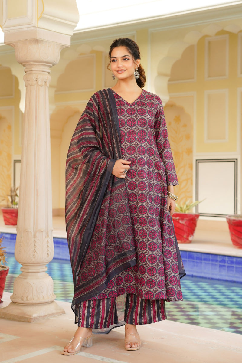 Pink Rayon Blend Floral Printed A-Line Kurta Palazzo With Dupatta VKSKD2331