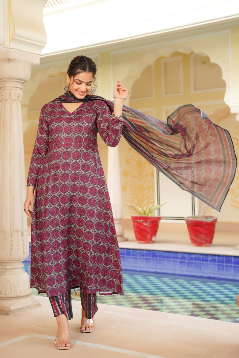 Pink Rayon Blend Floral Printed A-Line Kurta Palazzo With Dupatta VKSKD2331