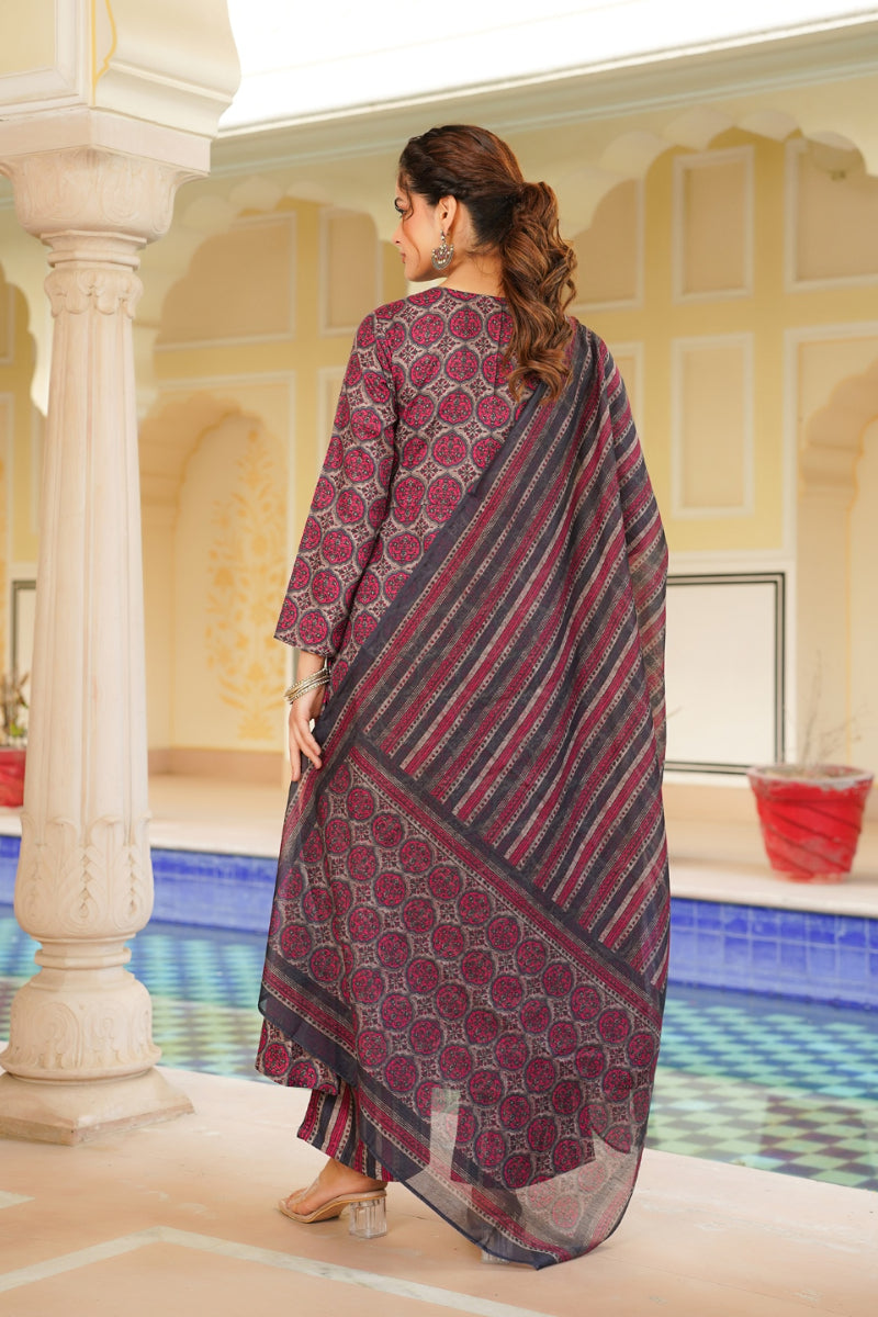 Pink Rayon Blend Floral Printed A-Line Kurta Palazzo With Dupatta VKSKD2331