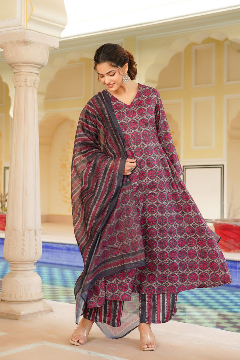 Pink Rayon Blend Floral Printed A-Line Kurta Palazzo With Dupatta VKSKD2331