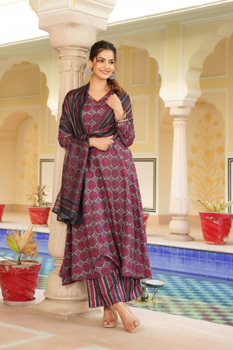 Pink Rayon Blend Floral Printed A-Line Kurta Palazzo With Dupatta VKSKD2331