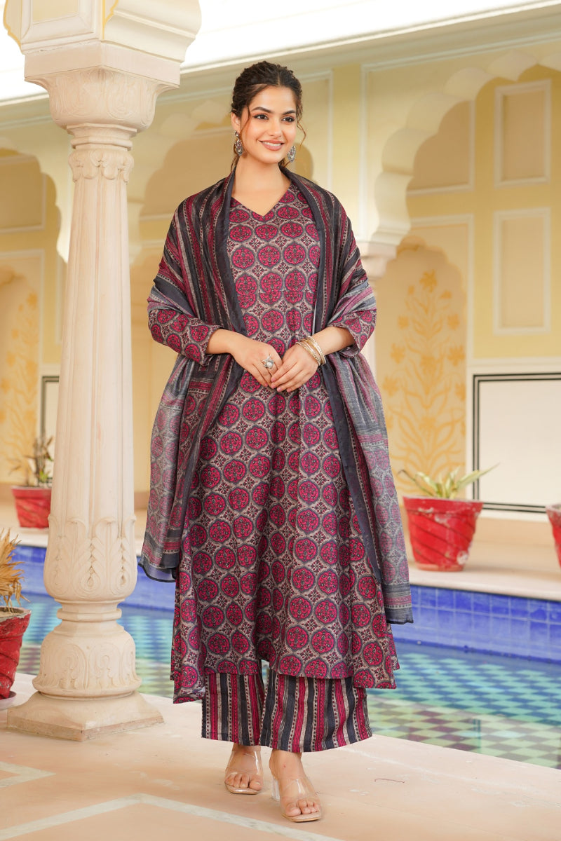 Pink Rayon Blend Floral Printed A-Line Kurta Palazzo With Dupatta VKSKD2331