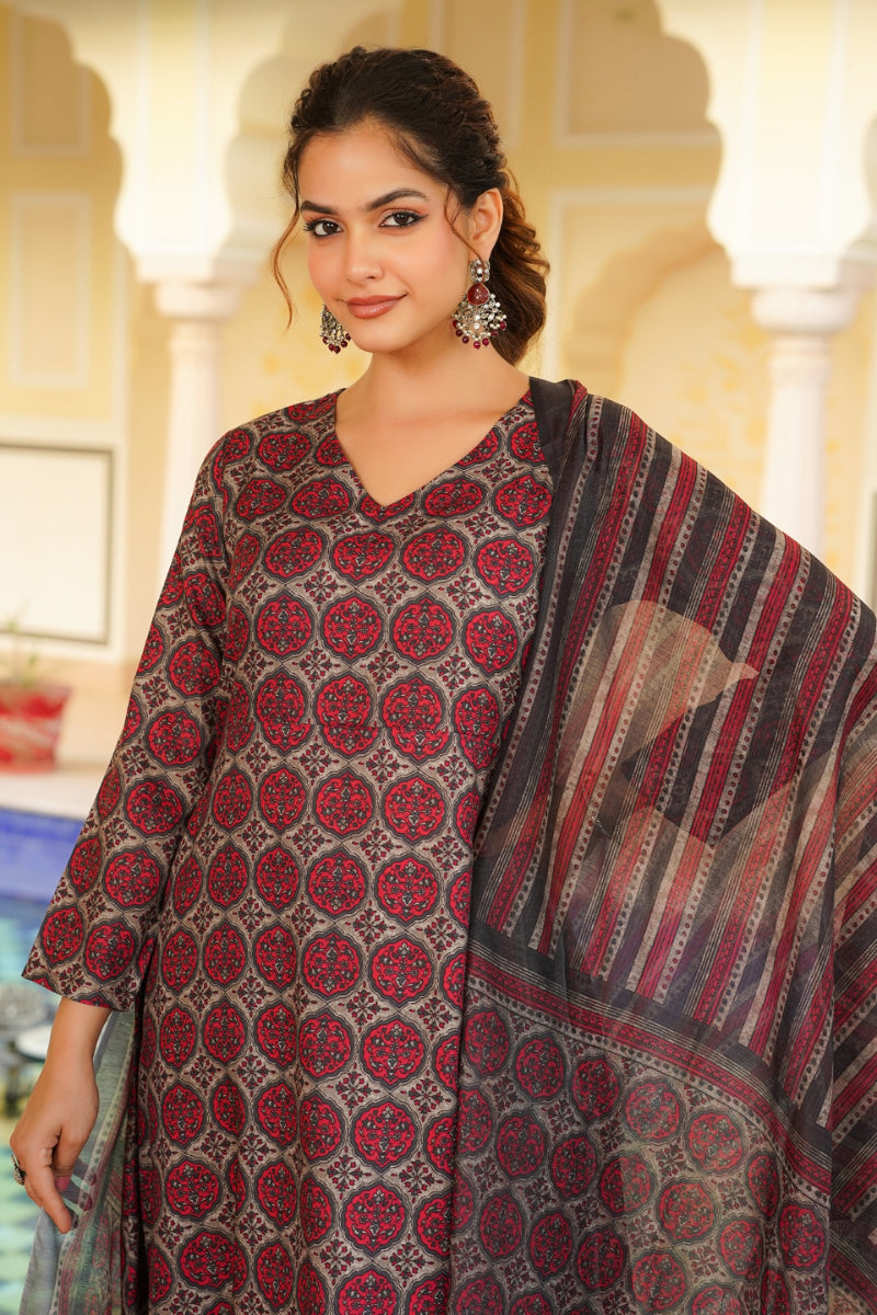 Red Rayon Blend Floral Printed A-Line Kurta Palazzo With Dupatta VKSKD2332