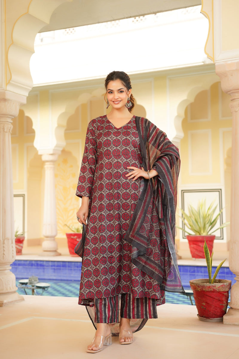 Red Rayon Blend Floral Printed A-Line Kurta Palazzo With Dupatta VKSKD2332