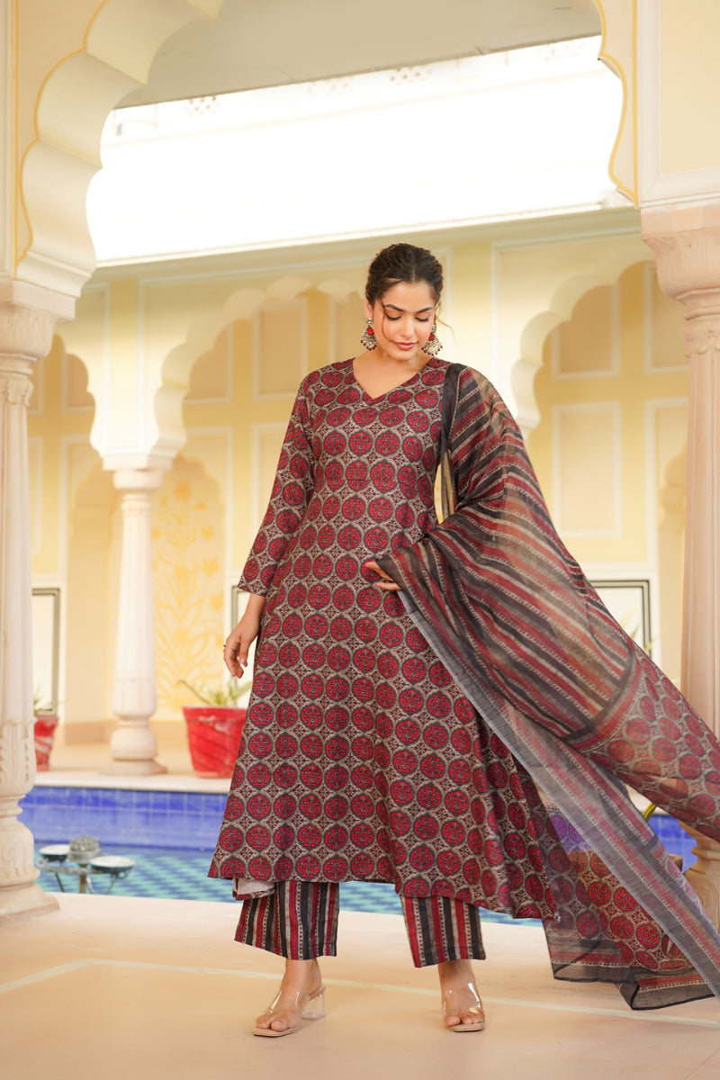 Red Rayon Blend Floral Printed A-Line Kurta Palazzo With Dupatta VKSKD2332