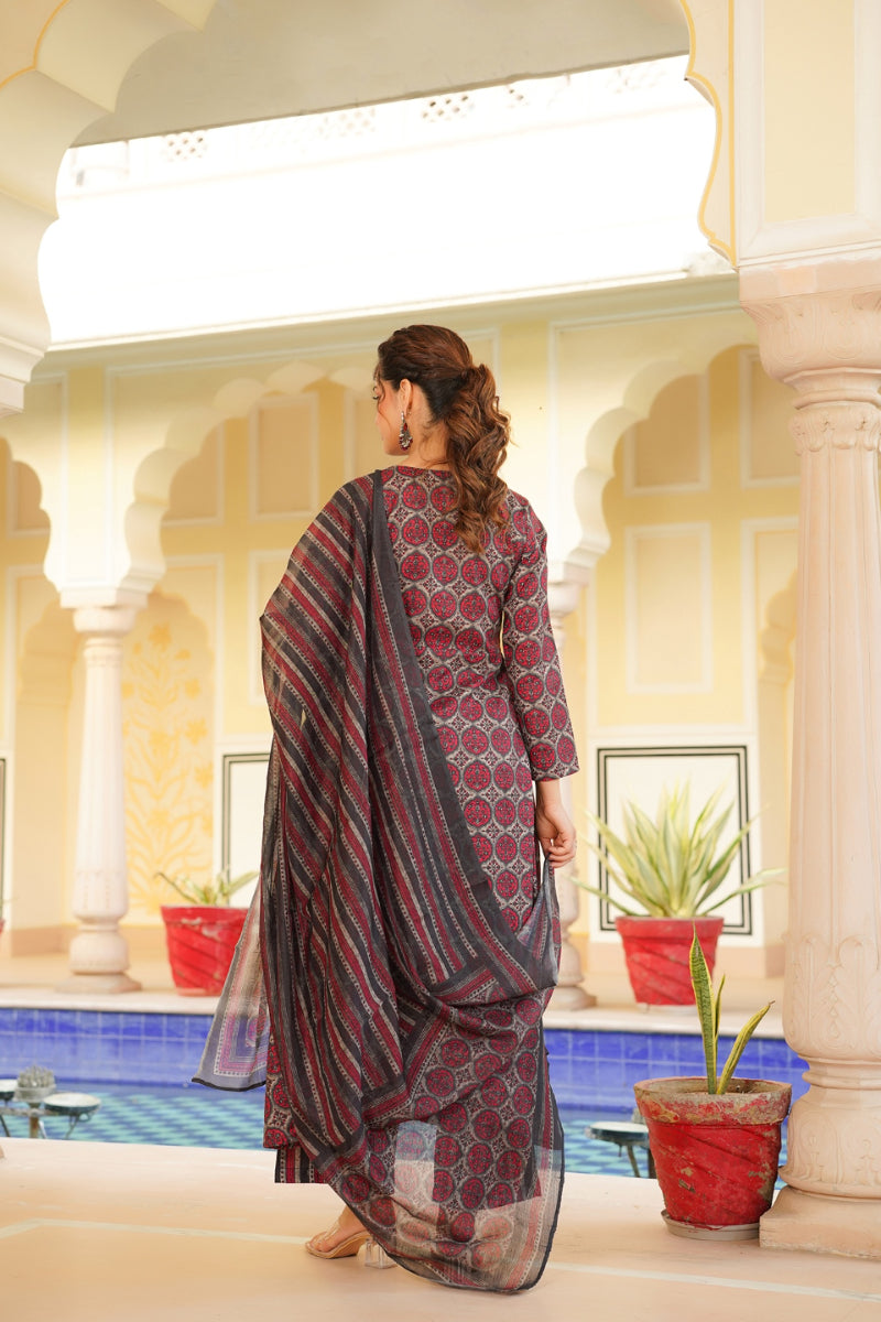 Red Rayon Blend Floral Printed A-Line Kurta Palazzo With Dupatta VKSKD2332