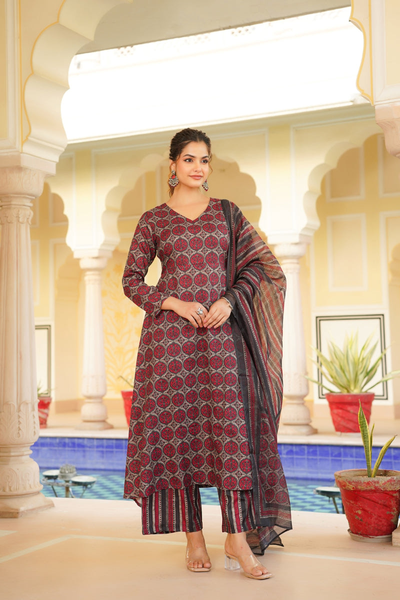 Red Rayon Blend Floral Printed A-Line Kurta Palazzo With Dupatta VKSKD2332