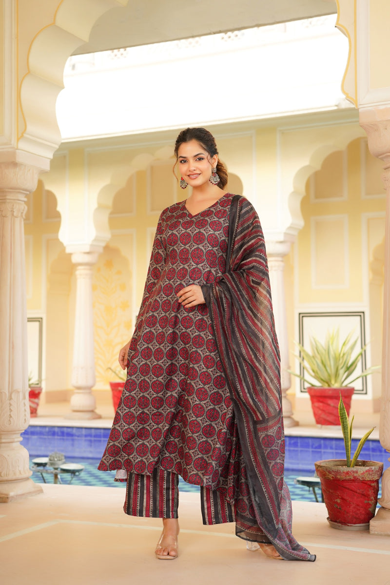 Red Rayon Blend Floral Printed A-Line Kurta Palazzo With Dupatta VKSKD2332