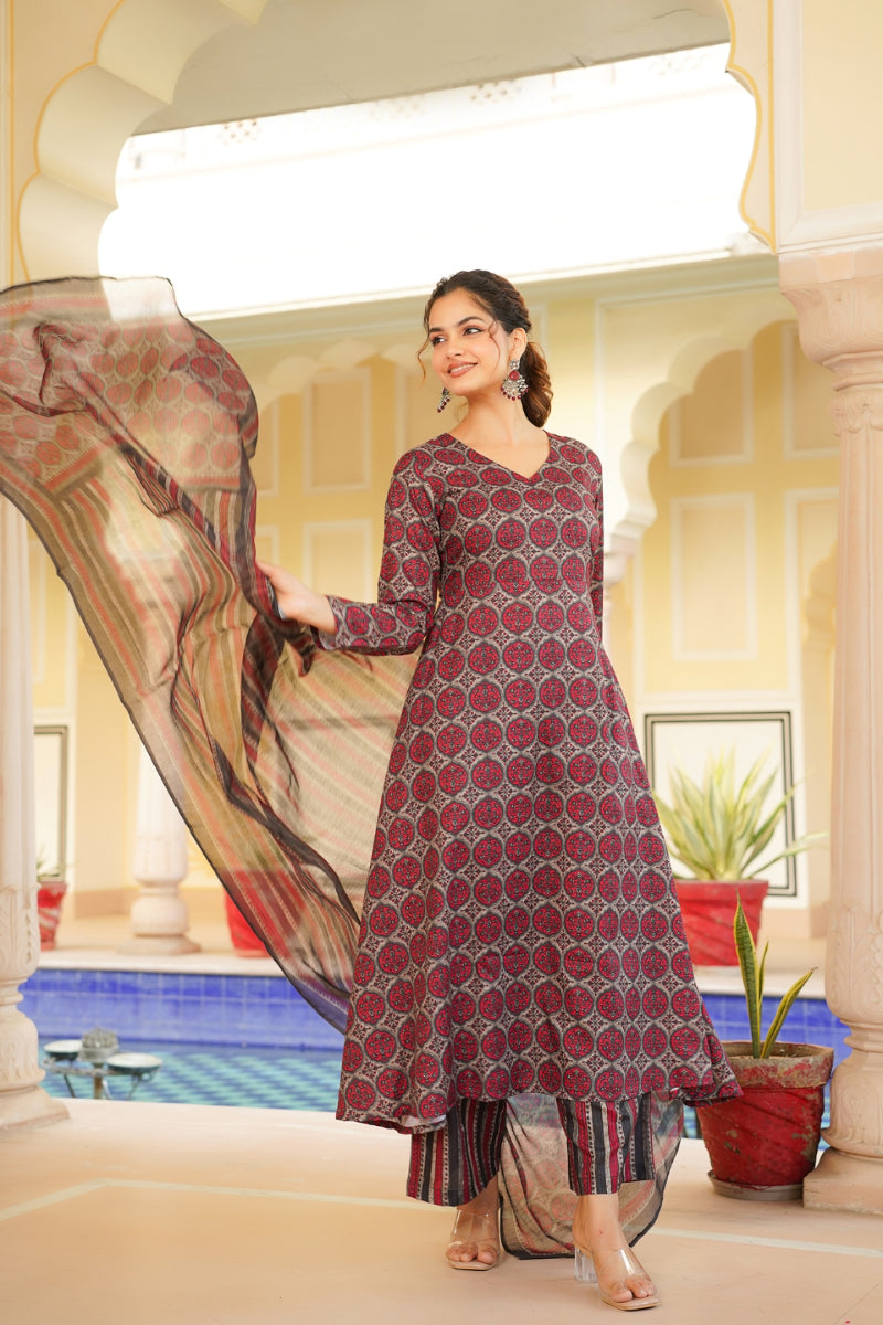 Red Rayon Blend Floral Printed A-Line Kurta Palazzo With Dupatta VKSKD2332
