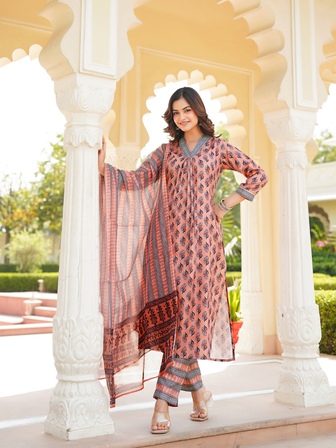 Peach Rayon Blend Ethnic Motifs Printed Straight Kurta Trousers With Dupatta VKSKD2335