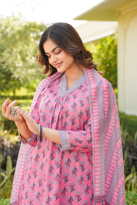 Pink Rayon Blend Ethnic Motifs Printed Straight Kurta Trouser With Dupatta VKSKD2336