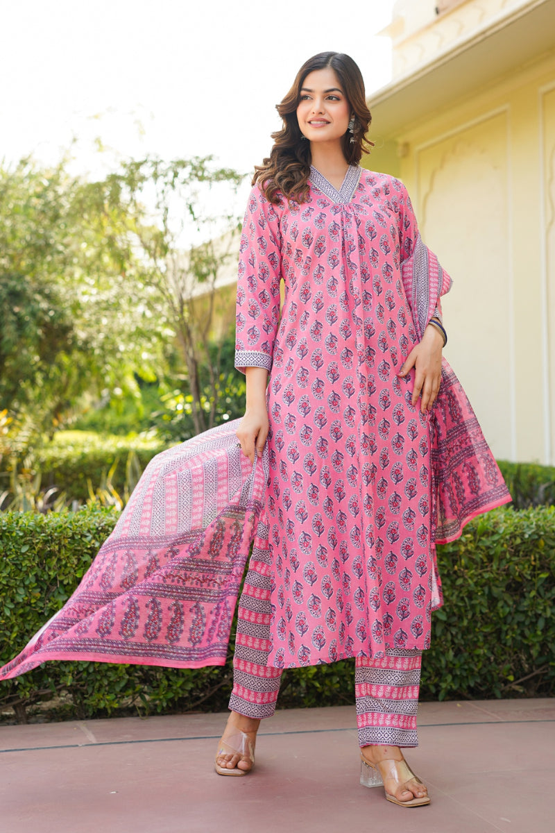 Pink Rayon Blend Ethnic Motifs Printed Straight Kurta Trouser With Dupatta VKSKD2336