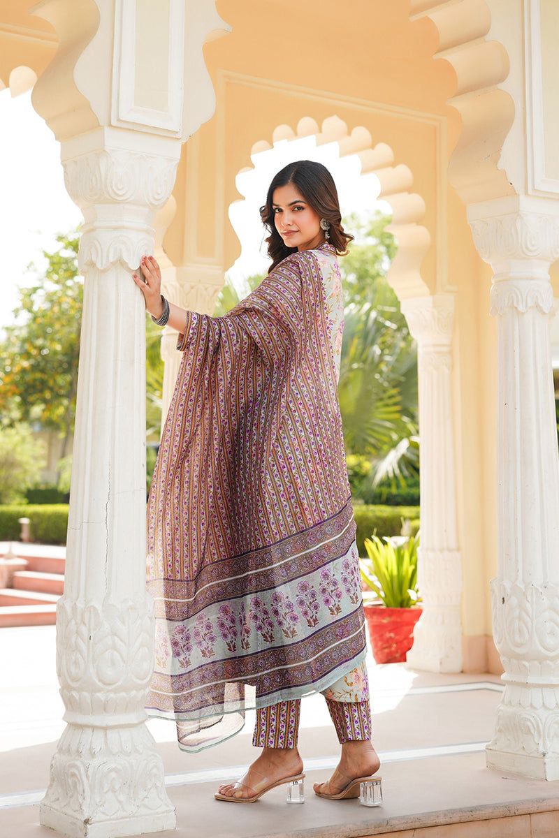 Green Rayon Blend Floral Printed Straight Kurta Trousers With Dupatta VKSKD2338