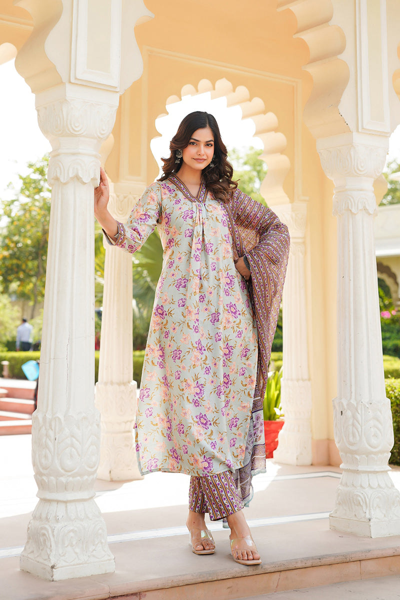 Green Rayon Blend Floral Printed Straight Kurta Trousers With Dupatta VKSKD2338
