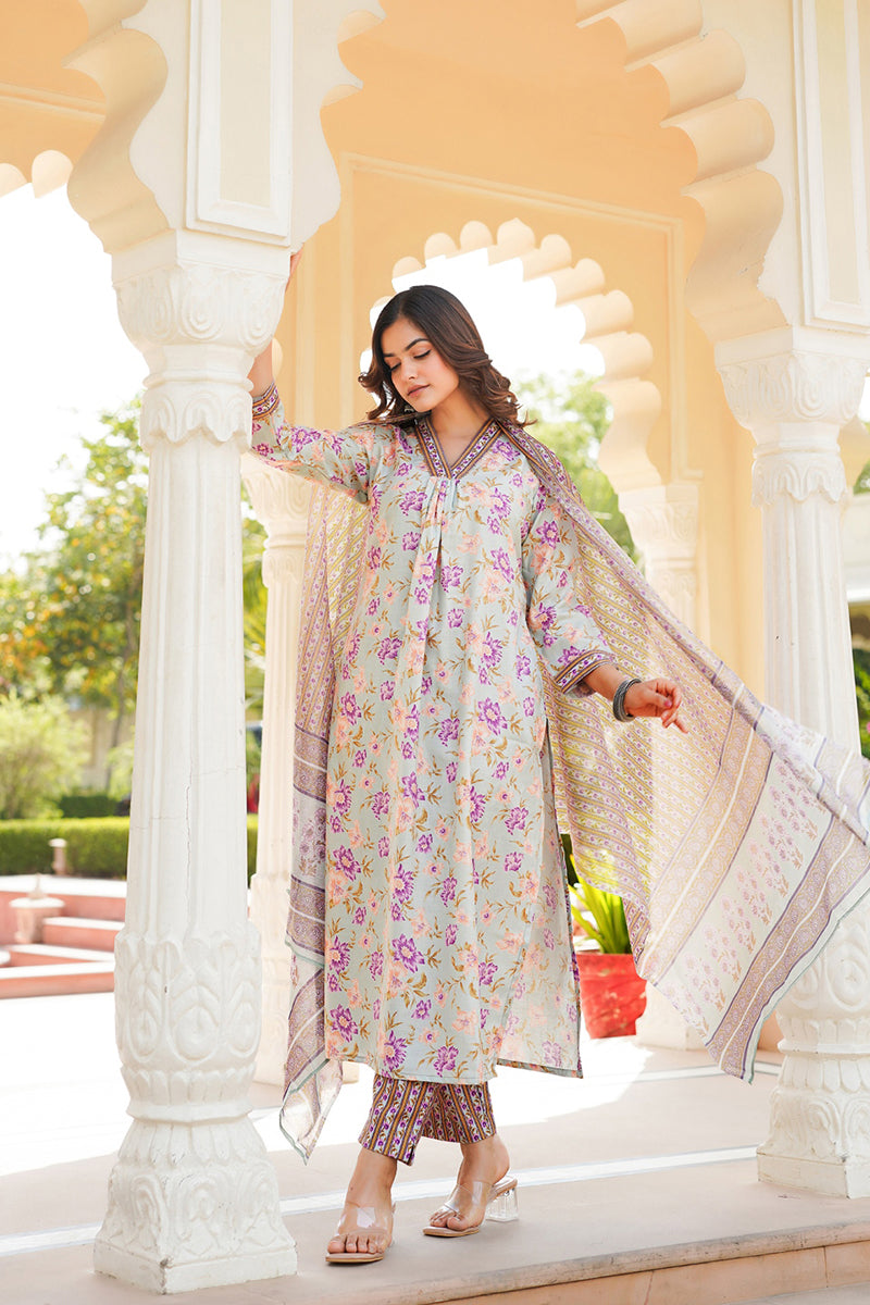 Green Rayon Blend Floral Printed Straight Kurta Trousers With Dupatta VKSKD2338