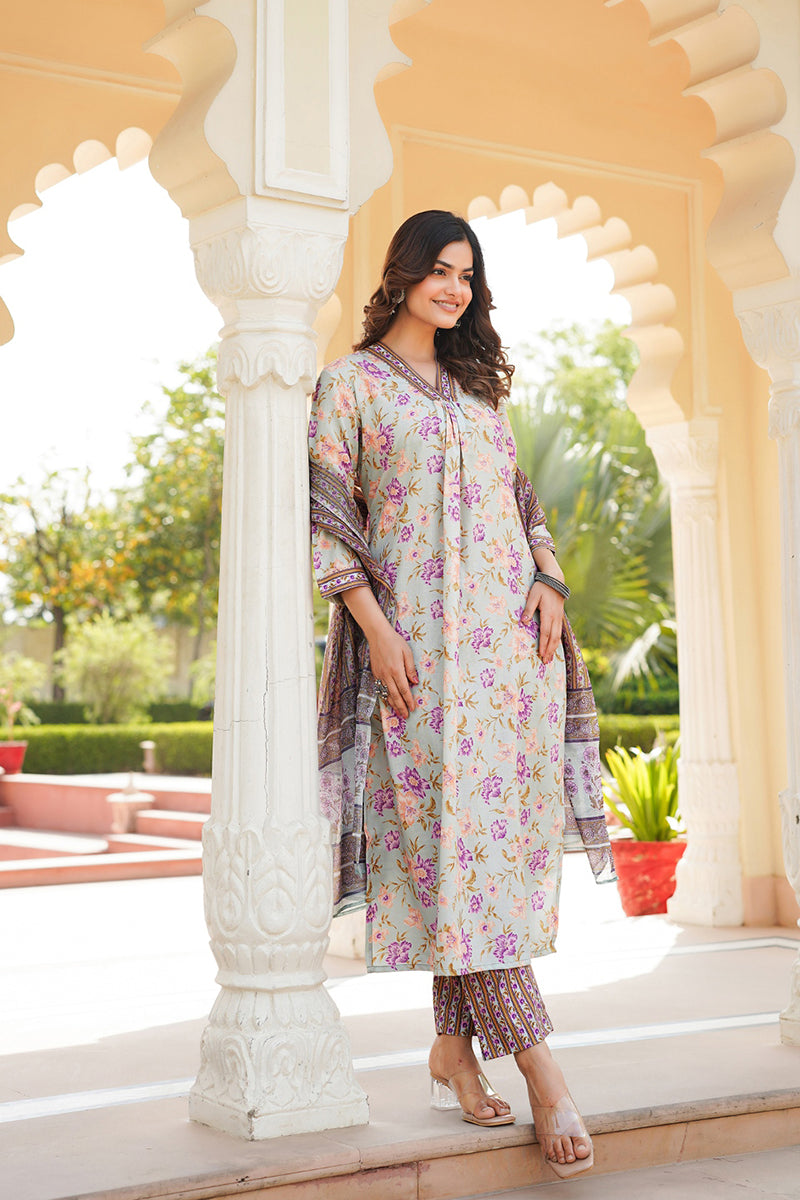 Green Rayon Blend Floral Printed Straight Kurta Trousers With Dupatta VKSKD2338