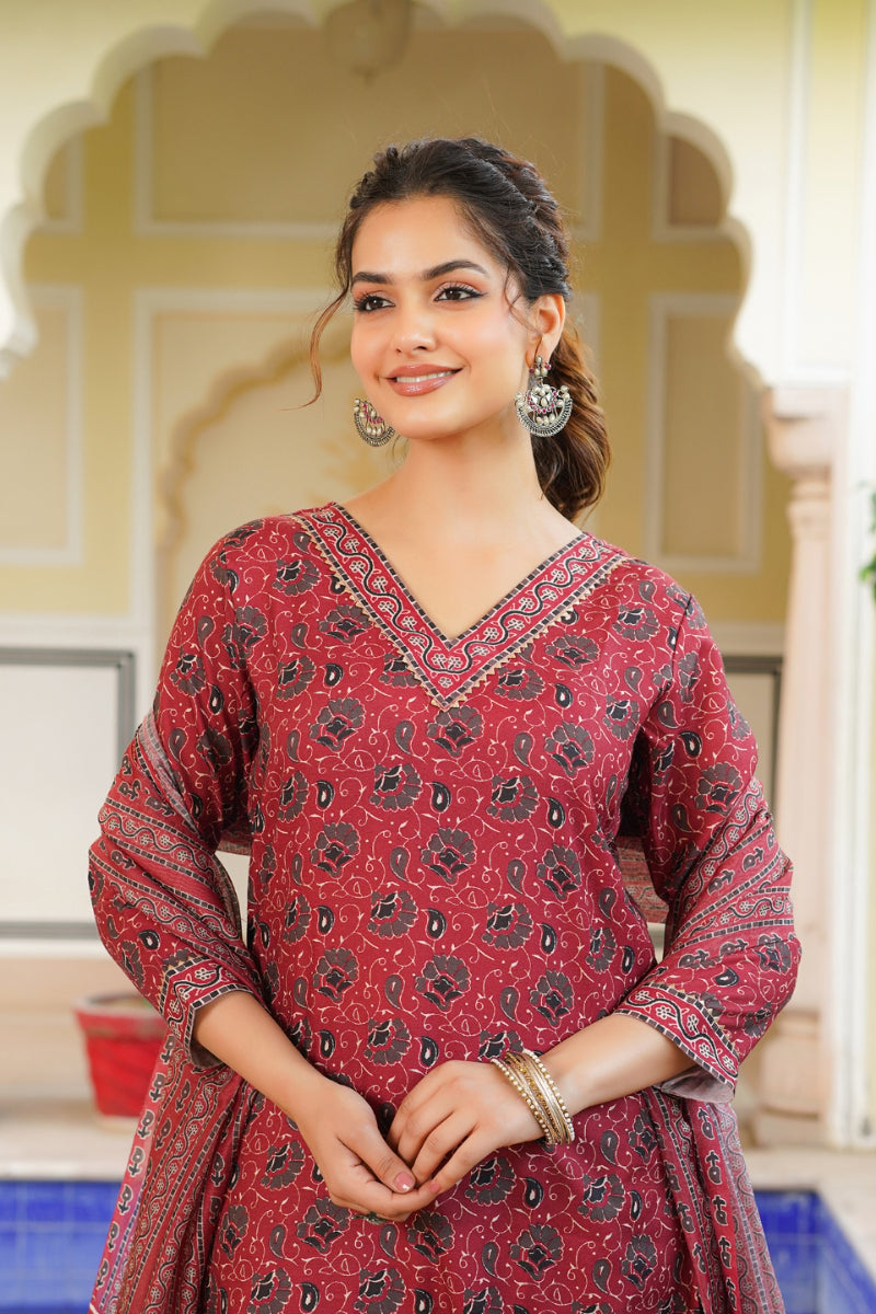 Pink Rayon Blend Floral Printed A-Line Kurta Palazzo With Dupatta VKSKD2341