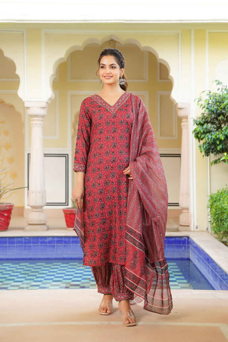 Red Rayon Blend Ethnic Motifs Printed Straight Kurta Salwar With Dupatta VKSKD2342