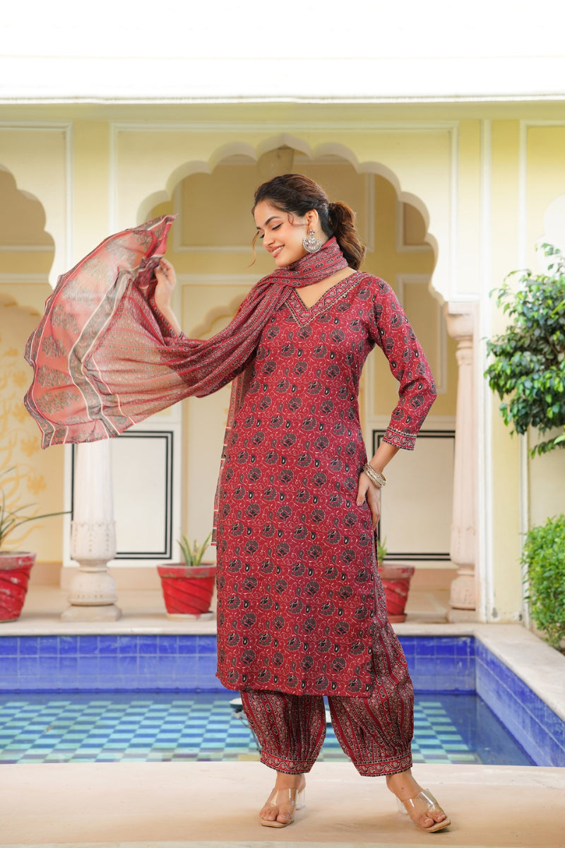 Red Rayon Blend Ethnic Motifs Printed Straight Kurta Salwar With Dupatta VKSKD2342