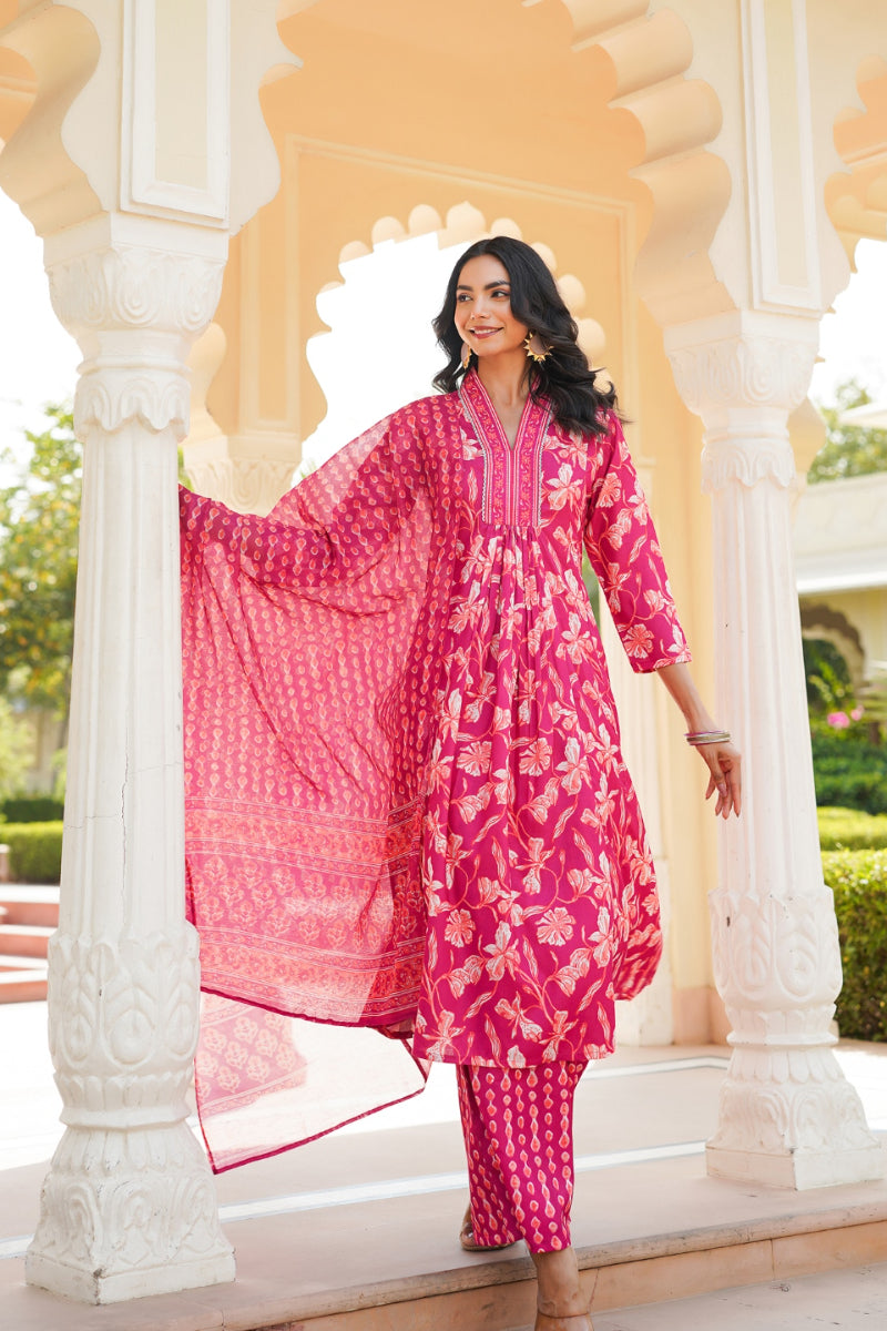 Pink Rayon Blend Floral Printed A-Line Kurta Palazzo With Dupatta VKSKD2343