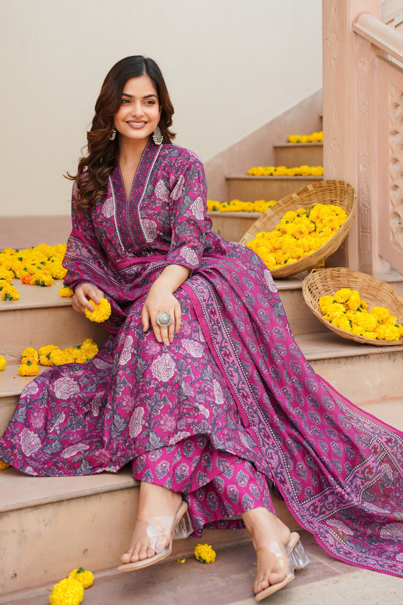 Pink Rayon Blend Floral Printed A-Line Kurta Palazzo With Dupatta VKSKD2345