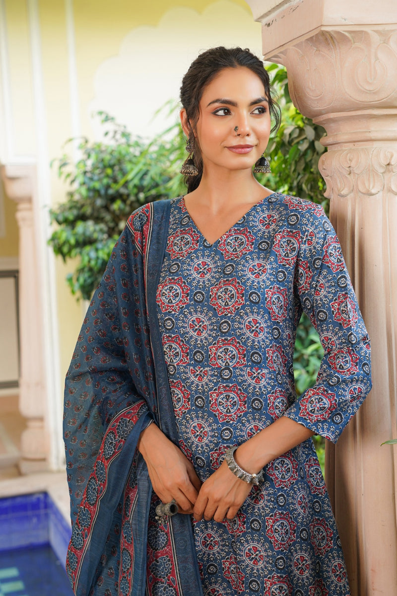 Blue Rayon Blend Ajrakh Printed A-Line Kurta Palazzo With Dupatta VKSKD2346