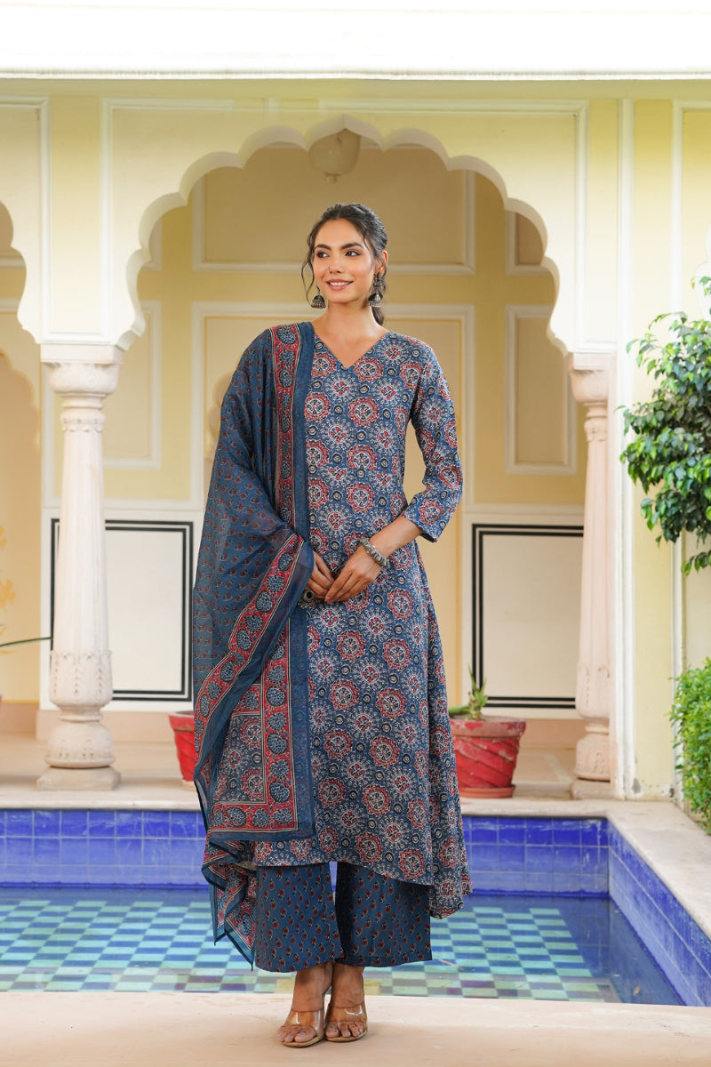 Blue Rayon Blend Ajrakh Printed A-Line Kurta Palazzo With Dupatta VKSKD2346