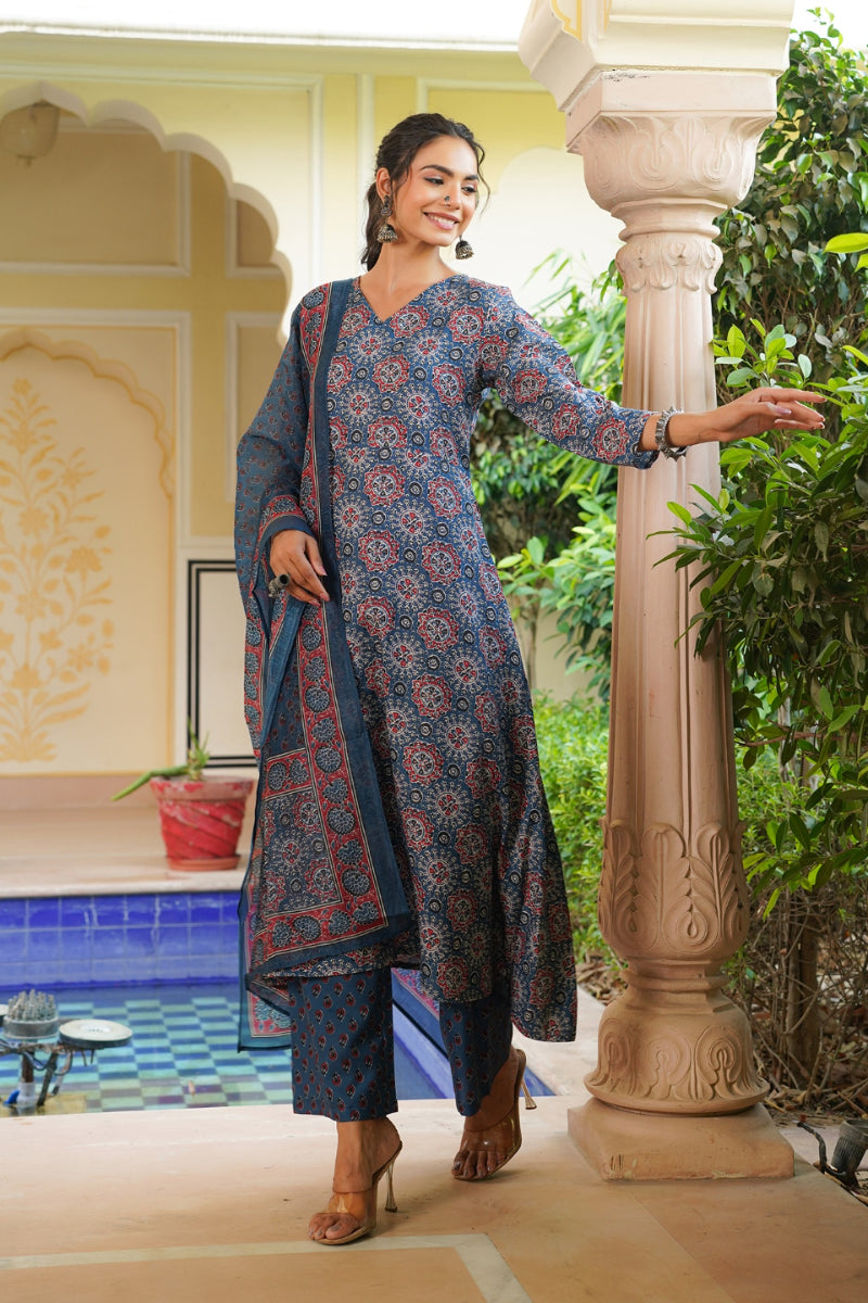 Blue Rayon Blend Ajrakh Printed A-Line Kurta Palazzo With Dupatta VKSKD2346