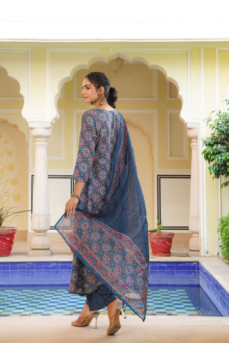 Blue Rayon Blend Ajrakh Printed A-Line Kurta Palazzo With Dupatta VKSKD2346