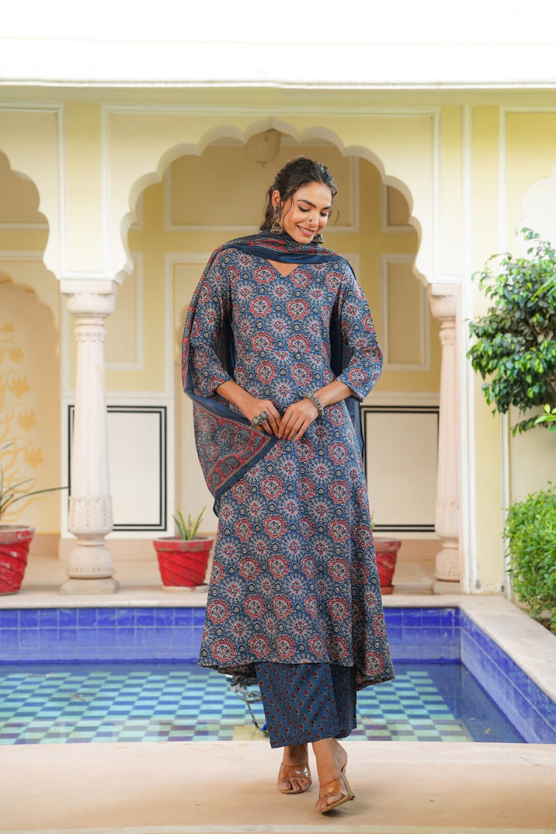 Blue Rayon Blend Ajrakh Printed A-Line Kurta Palazzo With Dupatta VKSKD2346