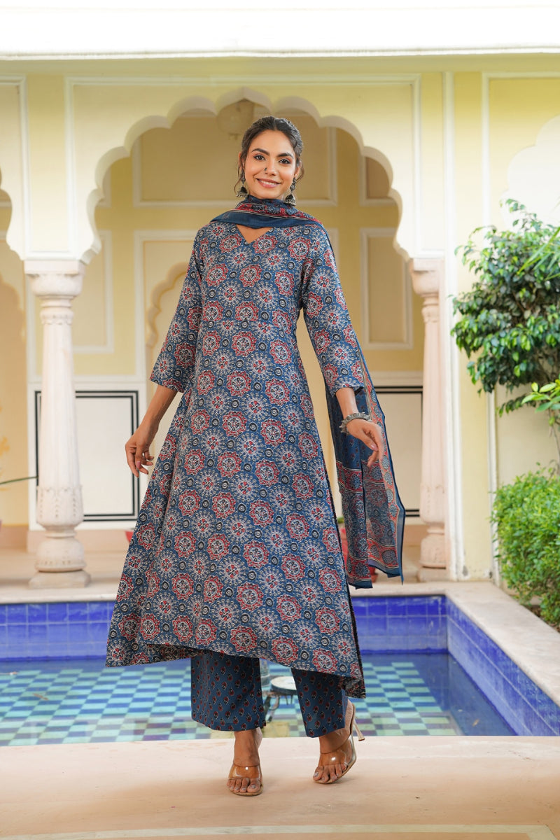 Blue Rayon Blend Ajrakh Printed A-Line Kurta Palazzo With Dupatta VKSKD2346