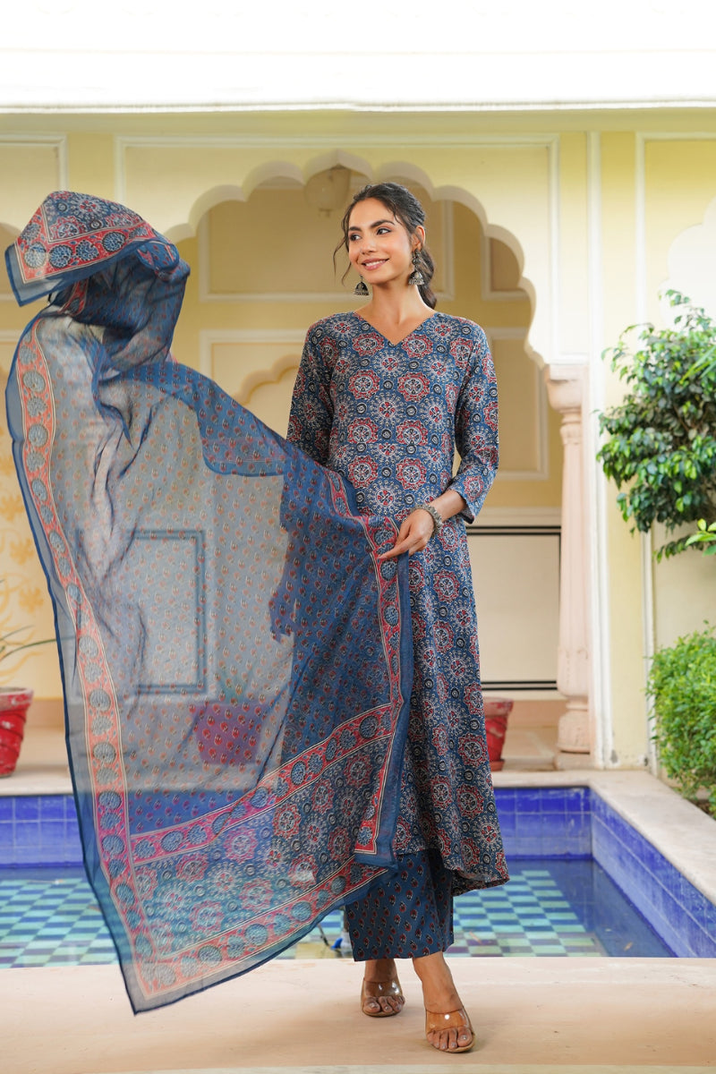 Blue Rayon Blend Ajrakh Printed A-Line Kurta Palazzo With Dupatta VKSKD2346