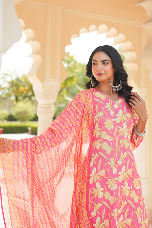 Pink Rayon Blend Floral Printed A-Line Kurta Palazzo With Dupatta VKSKD2347