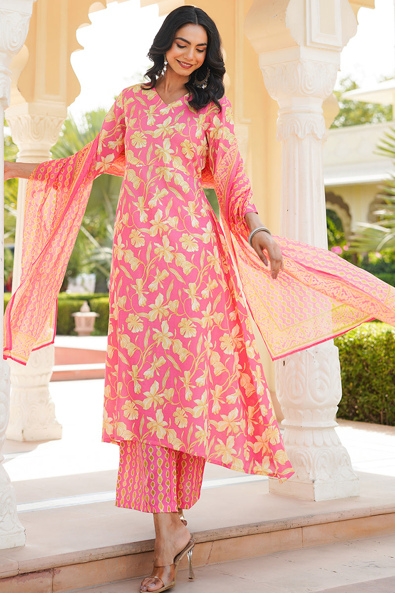 Pink Rayon Blend Floral Printed A-Line Kurta Palazzo With Dupatta VKSKD2347