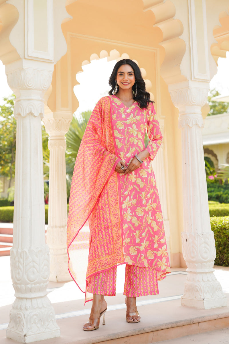 Pink Rayon Blend Floral Printed A-Line Kurta Palazzo With Dupatta VKSKD2347
