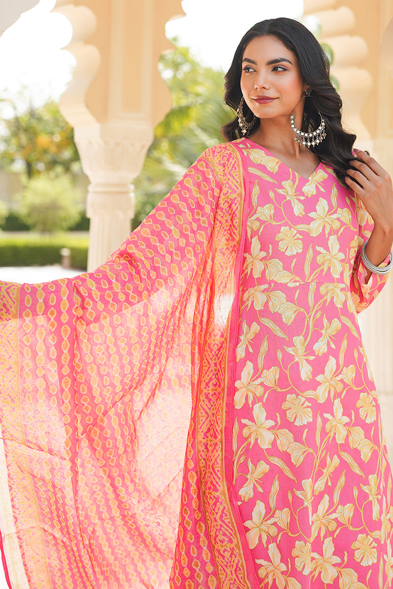 Pink Rayon Blend Floral Printed A-Line Kurta Palazzo With Dupatta VKSKD2347