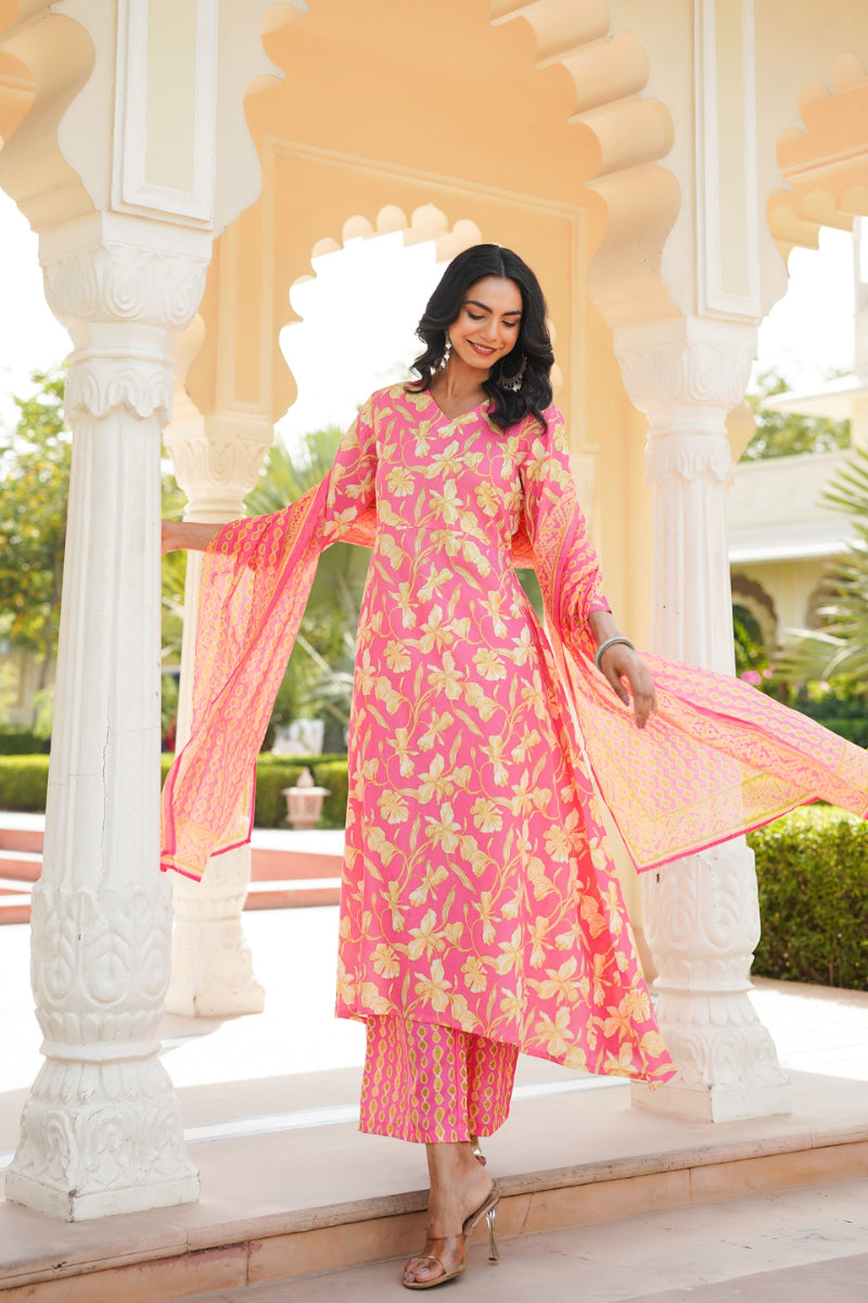 Pink Rayon Blend Floral Printed A-Line Kurta Palazzo With Dupatta VKSKD2347