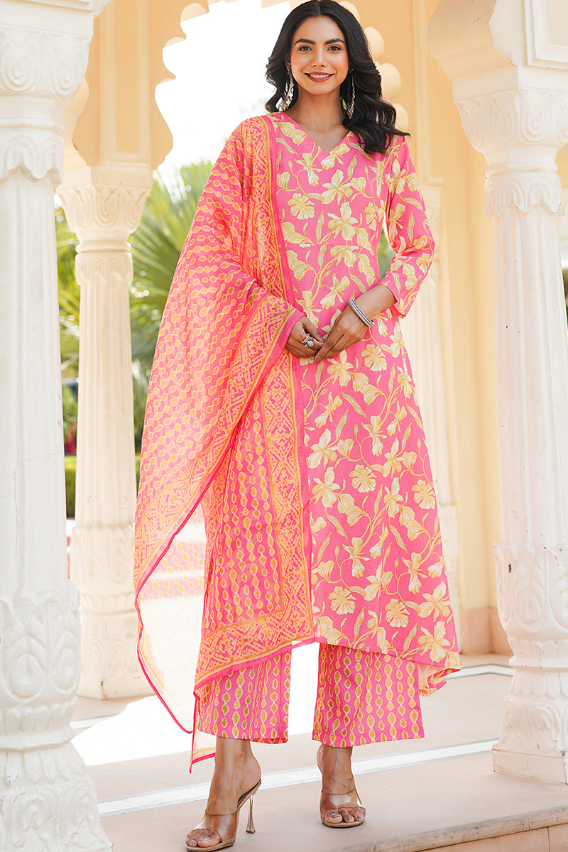 Pink Rayon Blend Floral Printed A-Line Kurta Palazzo With Dupatta VKSKD2347