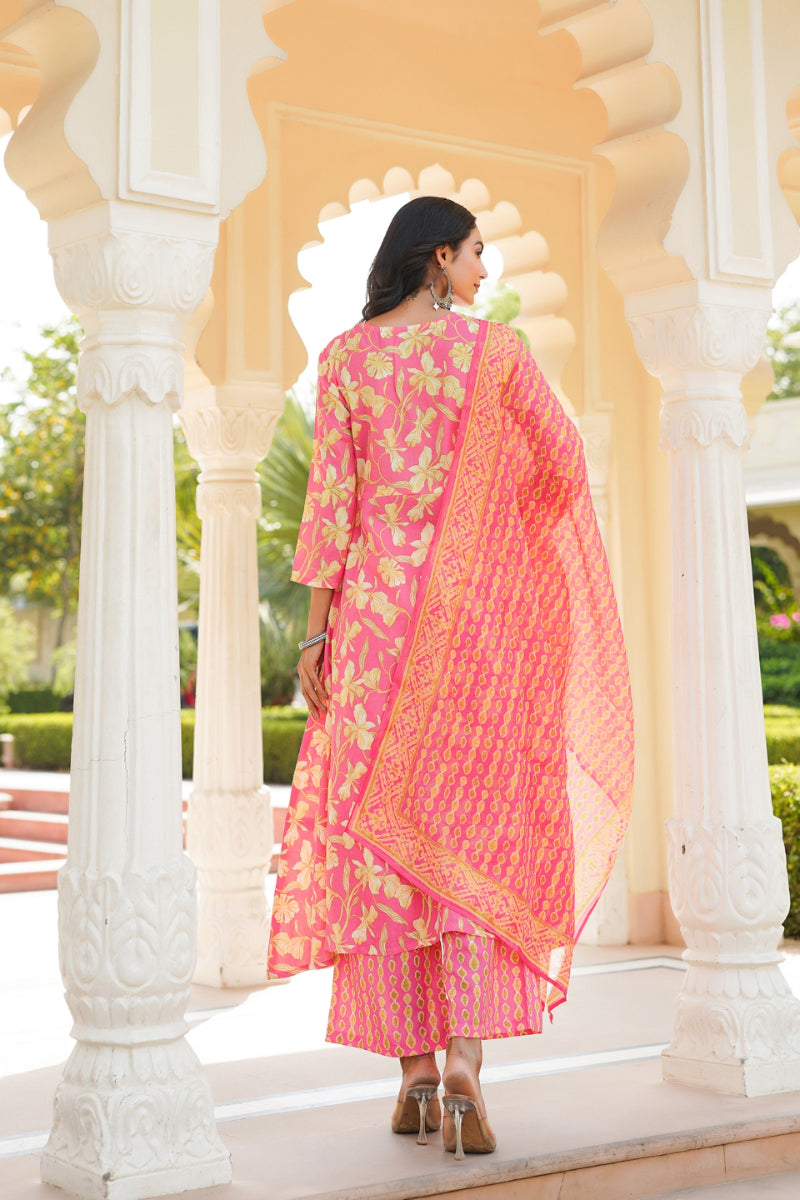 Pink Rayon Blend Floral Printed A-Line Kurta Palazzo With Dupatta VKSKD2347
